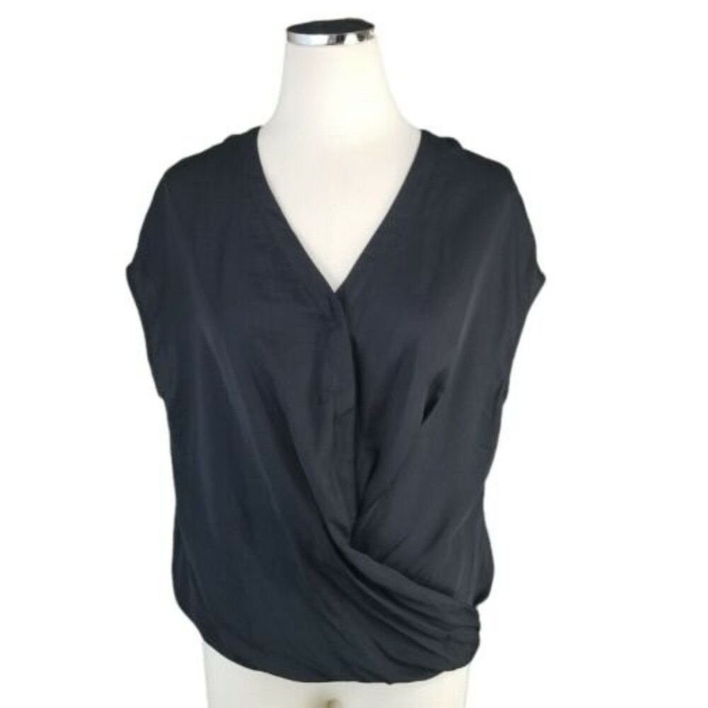 Mustard Seed Black Surplice Blouse Small Faux Wrap Top Drop Shoulder V Neck New
